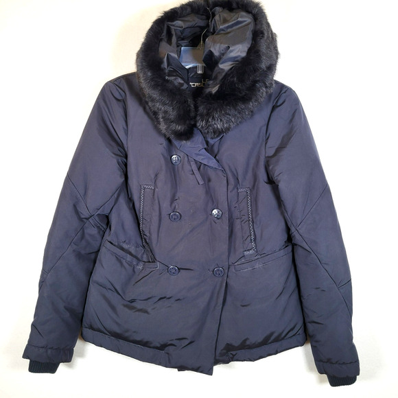 Marithe Francois Girbaud Women Down Puffer Coat Size Medium Blue Rabbit Fur Hood - Picture 1 of 14